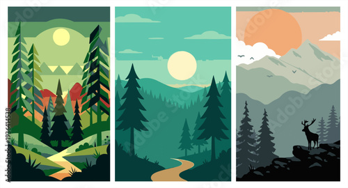 Set of three minimalist nature posters. Flat vector illustration of pine forests, mountains, and elk at sunrise.