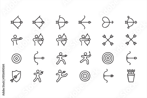 Archery target practice outline icon set with bow arrow shooting and sport training symbols