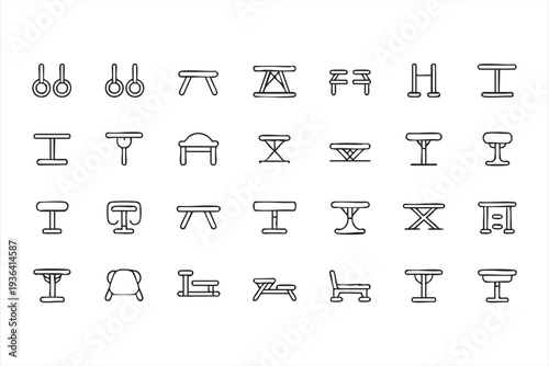 Modern gymnastics outline icon collection with training apparatus rings bars and sport equipment