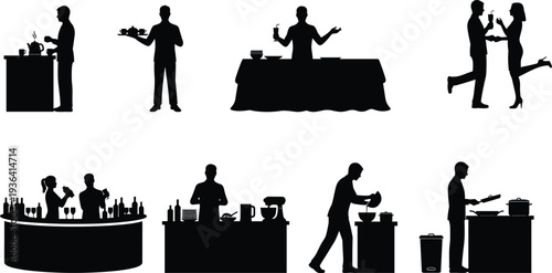 Set of black silhouettes of chefs, waiters, and bartenders working in kitchen and bar isolated on white background for catering,