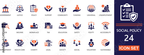 Vector icon set representing social policy, justice, welfare, community, support , program, and Perfect for ESG reports and NGOs. 