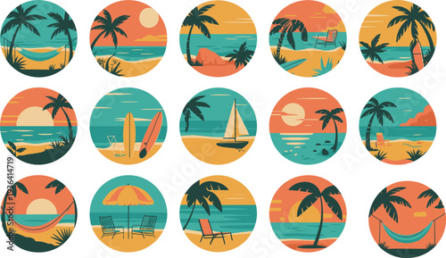 Tropical beach sunset icon set with palm trees hammock surfboards ocean waves and chairs summer vacation round vector illustrations isolated on white