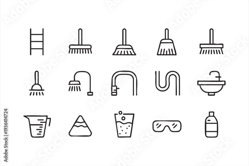 Cleaning equipment outline icons with sanitation tools detergent sink pipe and maintenance symbols