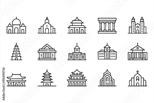 World landmark architecture line icon set with temples churches pagodas museums and historic buildings