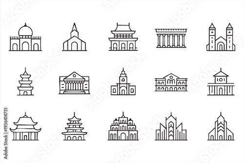 Travel architecture outline icon collection with temples pagodas churches cathedrals and monuments