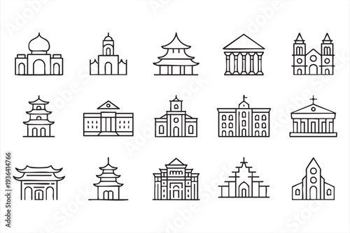 Modern landmark vector line icon set for tourism apps city guides and architecture graphics