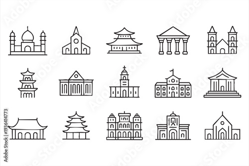Minimal world architecture icon pack with temples pagodas churches cathedrals and monuments