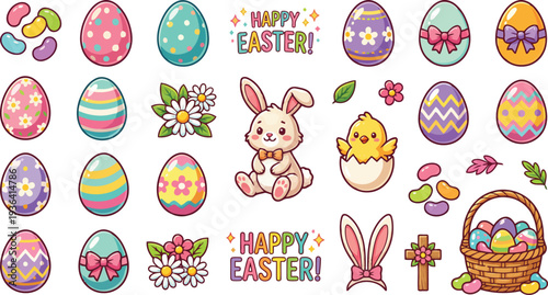 Set of Easter sticker pack vector icons with white borders featuring bunnies, decorated eggs, and spring elements