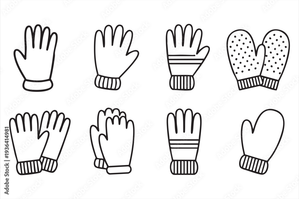 Obraz premium Winter clothing vector line icon set with gloves mittens knitted handwear and fashion accessories