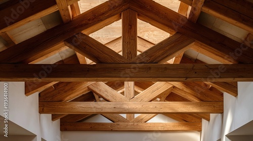 rafters. Crisscrossing exposed wooden beams forming geometric ceiling framework. real-estate listings, architecture portfolios, designed for interior renovation comparisons for interiors.