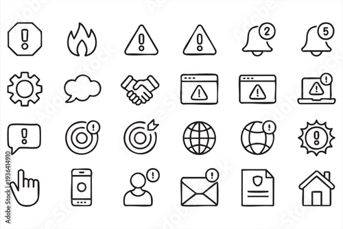 Modern alert notification vector line icon set for UI apps cybersecurity and safety dashboards