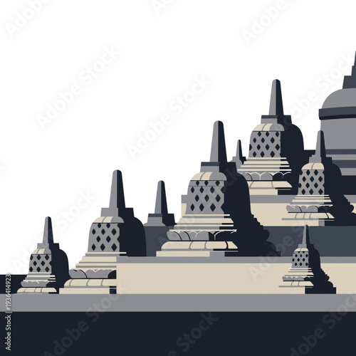 Stylized illustration of Borobudur temple stupas in minimalist geometric style, shades of grey and beige.