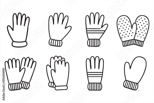 Winter clothing vector line icon set with gloves mittens knitted handwear and fashion accessories