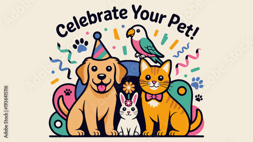 Colorful pets celebrate with party hat and bird on shoulder happily together