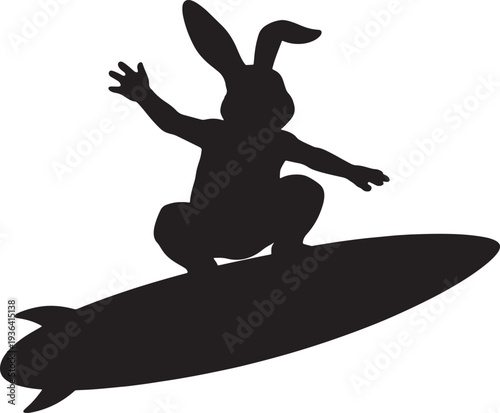 Easter bunny surfing fun on easter day with surfboard silhouette