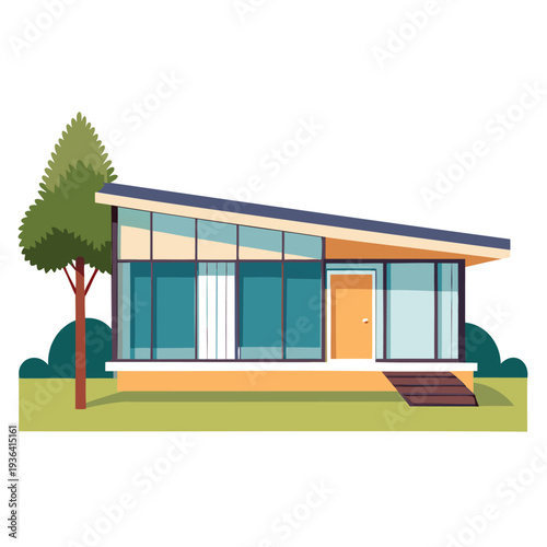 Modern mid-century house with large glass windows and a minimalist design