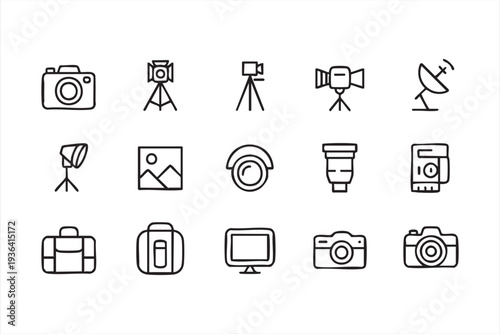 Photography Gear And Broadcasting Technology Thin Line Symbol Set