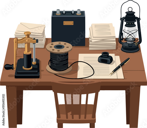 Vintage office desk setup with telegraph equipment and documents on a wooden table from a front viewpoint