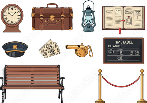 Vintage travel items and station objects arranged on a bench near a roped entrance