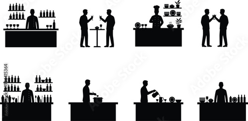 Set of black silhouettes of bartenders, chefs, and waiters working in restaurant and bar isolated on white background for catering,