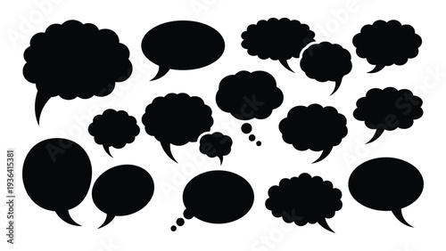 A collection of black speech bubbles on a white background