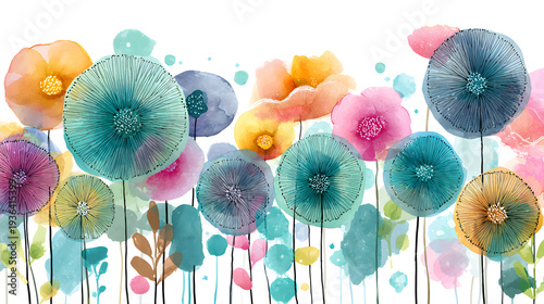 Modern abstract watercolor flowers, bold graphic stems, circular floral centers with radiating lines, bright cheerful color palette.