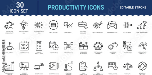 Productivity icons set including time management goal setting and workflow line graphics