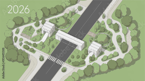 Aerial view of a futuristic city park with a road and buildings green spaces and walkways urban planning concept for 2026