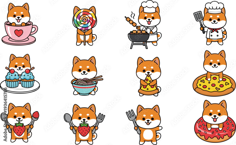 Obraz premium Cute Shiba Inu Dog Food Cartoon Set Eating Pizza Donut Noodles Cupcake Strawberry Cooking Chef Vector Illustration