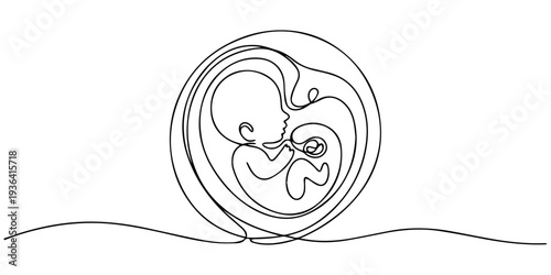 Baby embryo in womb in one continuous line drawing. Healthy pregnancy and premature symbol in simple linear style, Baby embryo in womb one line drawing. Cute unborn fetus baby on mother womb isolated.