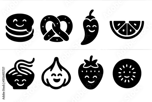 Whimsical Food Icons. Whimsical Food Wordplay. Filled icon set of Whimsical Food Wordplay: playful pancake,