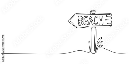 Beach Sign with Arrow continuous one line drawing, Weathered wooden signpost directing to beach, surf, bar, snacks against transparent backdrop, embodying tropical leisure vibes, featuring a transpare