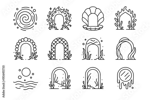 Underwater Portal Icons. Dreamy underwater portals. Line outline icon set of dreamy underwater portals: