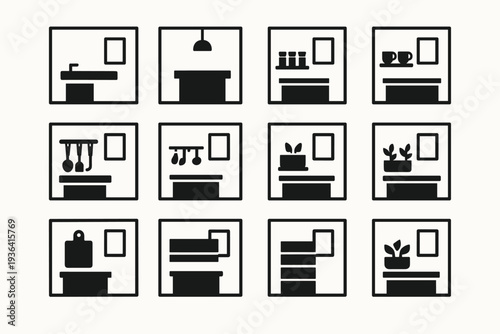 Floating Kitchen Icons. Floating kitchen elements in minimalist rooms. Filled icon set of floating kitchen