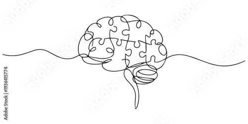 One single line drawing of human brain forming from pieces of puzzles logo identity, Continuous one line drawing of puzzle jigsaw pieces. Problem solving and solution business metaphor sign and symbol