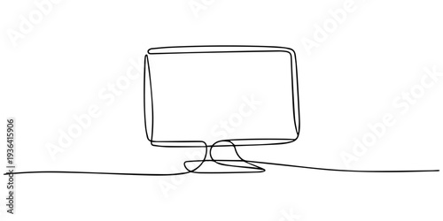 Flat tv screen or computer monitor Continuous one line drawing, Black and white vector minimalistic linear illustration Editable stroke, Single-line drawing of a computer monitor on a white background