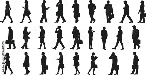 Set of black silhouettes of business people walking, talking on phones, and carrying briefcases isolated on white for corporate design,