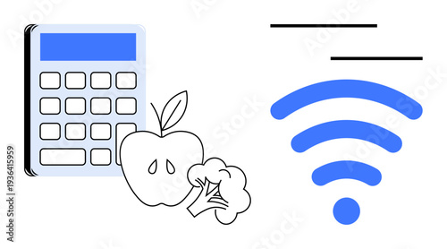 Calculator, apple, broccoli, and wireless signal highlight balanced lifestyle, remote health tools, and digital diet management. Ideal for technology, wellness, education remote work healthcare