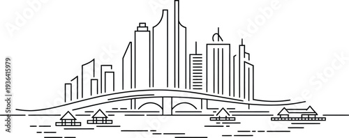 City skyline with bridge over water and floating houses minimalist line art