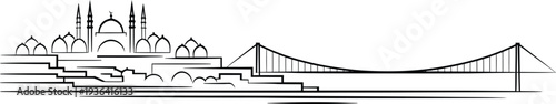 Historical istanbul mosque skyline featuring minarets and bridge over bosphorus in line art