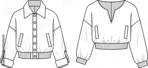 Technical flat fashion drawing of female casual long sleeve bomber jacket and split v neck pullover sweatshirt template vector design.