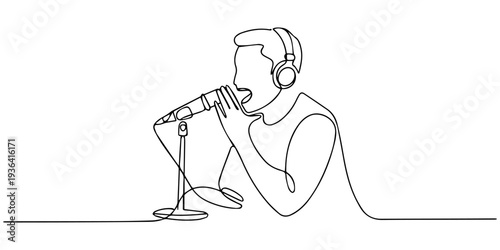 Continuous one line drawing of presenter podcast speaks into a microphone. Vector illustration editable outline, man with headphones sits at the microphone and broadcasts. One continuous line drawing.