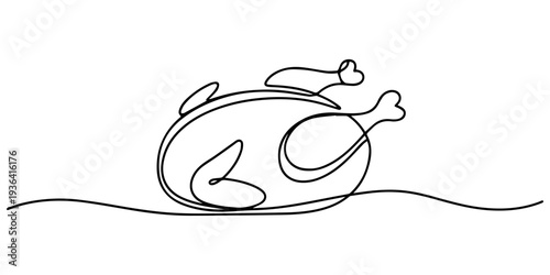 single continuous line drawing of a roasted chicken thanksgiving dinner food linear vector, Chicken carcass outline drawing illustration. one continuous line drawing of roasted chicken. roaste minimal
