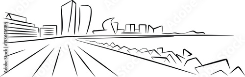 Minimalist coastline city skyline sketch with urban buildings and rocky shore vector graphics