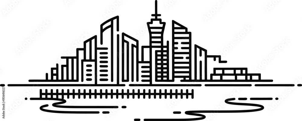 Obraz premium Stylized continuous line cityscape with modern buildings and waterfront on abstract background