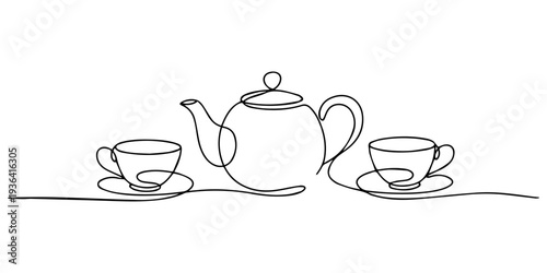 Tea Set with Floral continuous one line drawing, Minimalist Tea Set. Tea set with steam rising. Minimalistic one-line drawing of a tea set with rising steam, Teapot pouring tea on cup one continuous.