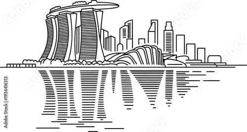 Singapore marina bay sands hotel and skyline line art illustration with water reflection view