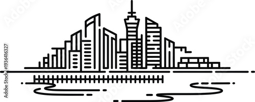 Stylized continuous line cityscape with modern buildings and waterfront on abstract background