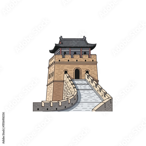 Great Wall of China ancient watchtower and stone ramp with traditional Chinese architecture