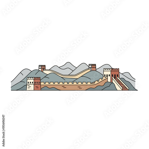 Great Wall of China illustration, ancient architecture on mountain landscape, historical landmark